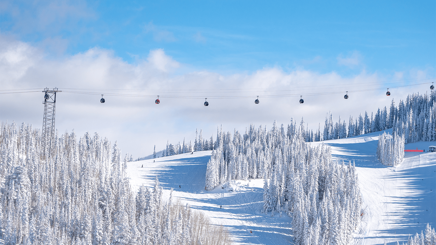 Silver Queen Gondola high above the snowy runs of Aspen Mountain, on a glorious blue bird day, snow covering the trees